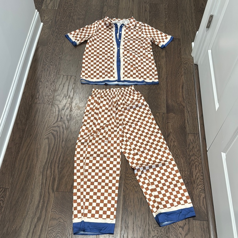 Checkerboard Print Blue Stripe Patchwork Loose Button down Top & flowy pant